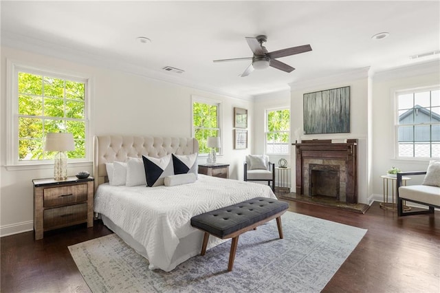 178 Mayson Ave NE, Atlanta, GA 30307 - bedroom with baseboards, crown molding, wood finished floors, a fireplace, and ceiling fan