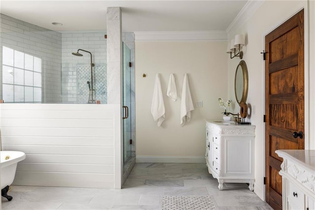 178 Mayson Ave NE, Atlanta, GA 30307 - bathroom featuring vanity, a stall shower, crown molding, baseboards, and a freestanding bath