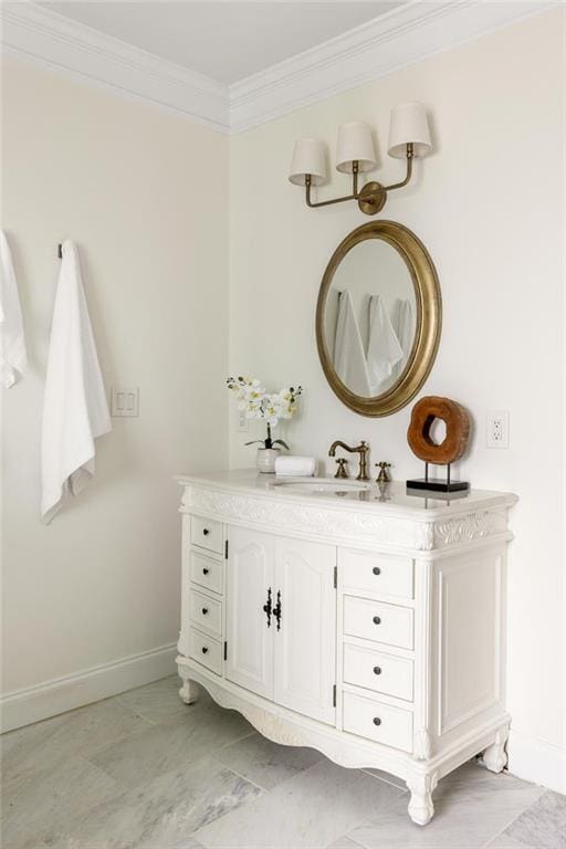 178 Mayson Ave NE, Atlanta, GA 30307 - bathroom featuring vanity, baseboards, crown molding, and marble finish floors