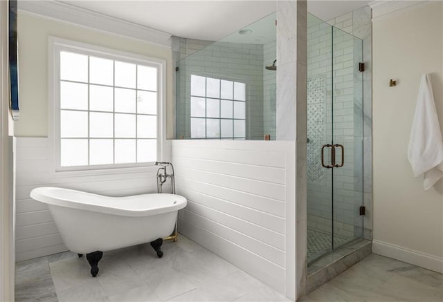 178 Mayson Ave NE, Atlanta, GA 30307 - full bathroom with a shower stall, healthy amount of natural light, a freestanding bath, and crown molding