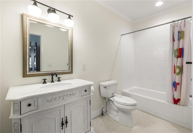 178 Mayson Ave NE, Atlanta, GA 30307 - bathroom featuring toilet, vanity, shower / bath combo with shower curtain, ornamental molding, and baseboards