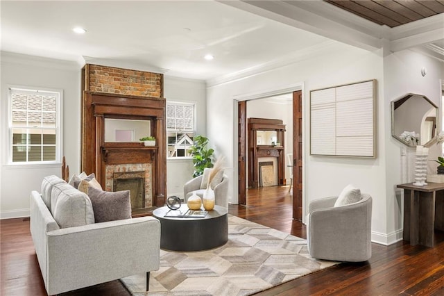 178 Mayson Ave NE, Atlanta, GA 30307 - living area featuring a brick fireplace, ornamental molding, baseboards, wood finished floors, and recessed lighting
