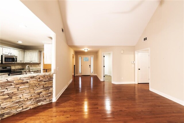 interior space featuring high vaulted ceiling, dark wood-type flooring, and sink