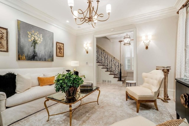 living room featuring an inviting chandelier and ornamental molding