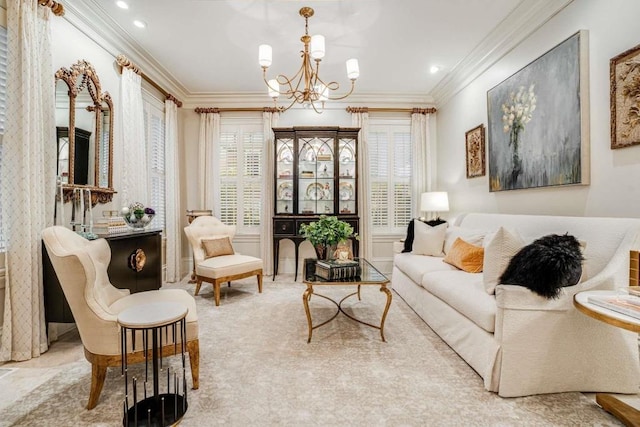 sitting room featuring a notable chandelier, crown molding, and a healthy amount of sunlight