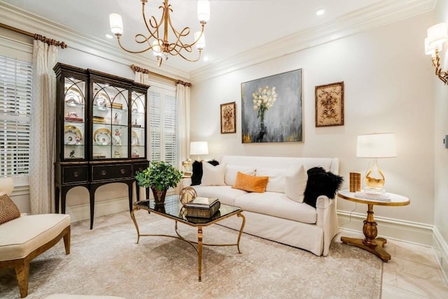 sitting room with ornamental molding, light tile patterned floors, and a notable chandelier