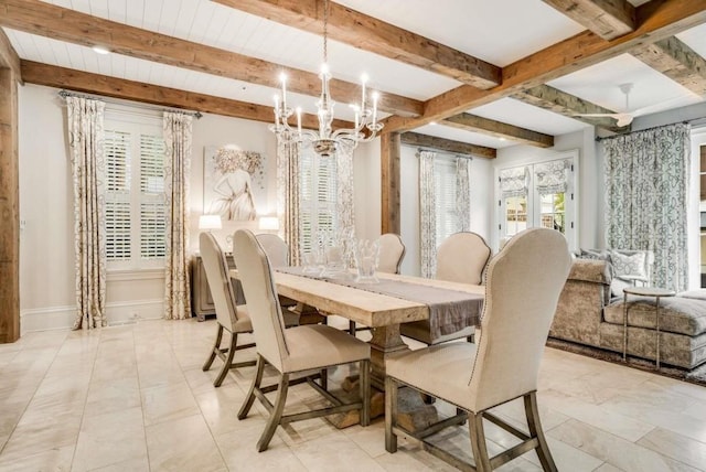 dining room with an inviting chandelier and beam ceiling