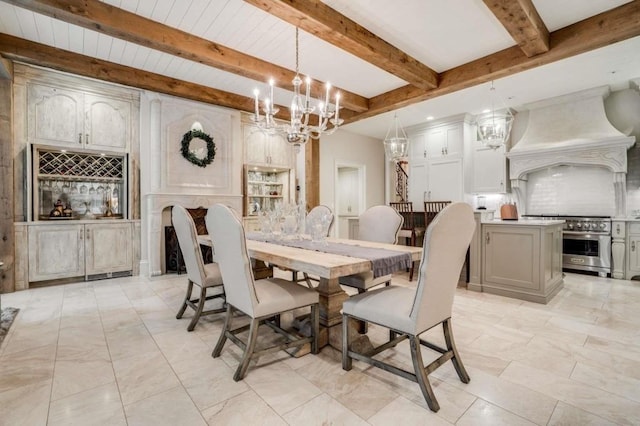 dining space with an inviting chandelier and beamed ceiling