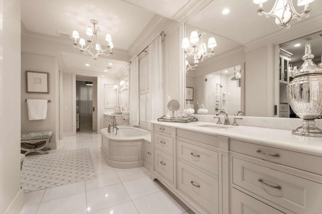 bathroom featuring a bathtub, vanity, a notable chandelier, crown molding, and tile patterned floors