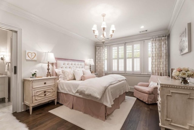 bedroom with crown molding, dark hardwood / wood-style flooring, and a notable chandelier