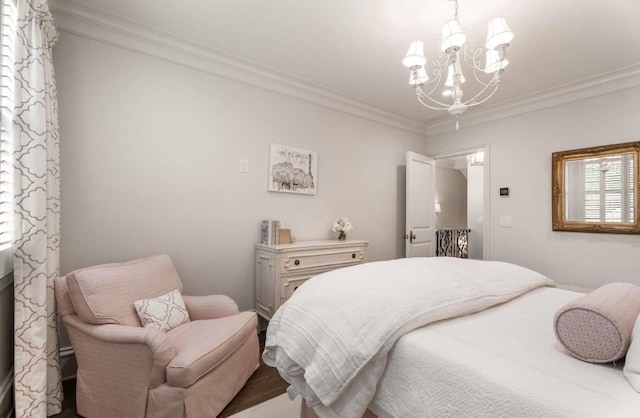 bedroom with a notable chandelier and ornamental molding