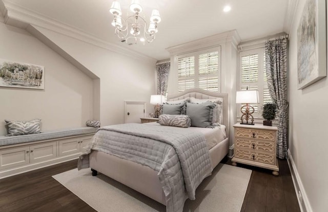 bedroom with crown molding, dark hardwood / wood-style floors, and a chandelier