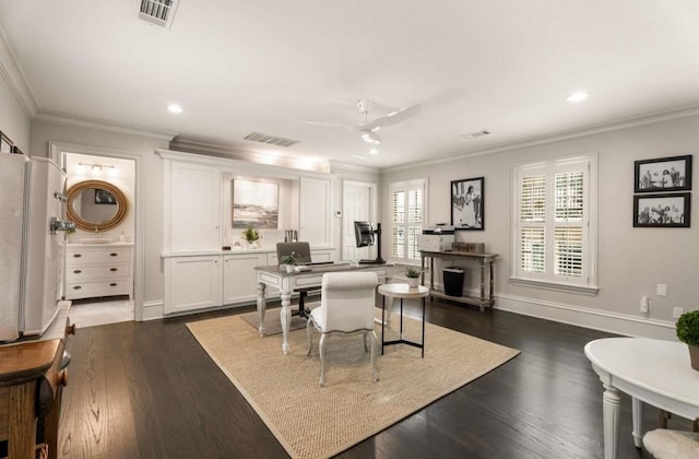 dining area with crown molding, ceiling fan, and dark hardwood / wood-style flooring