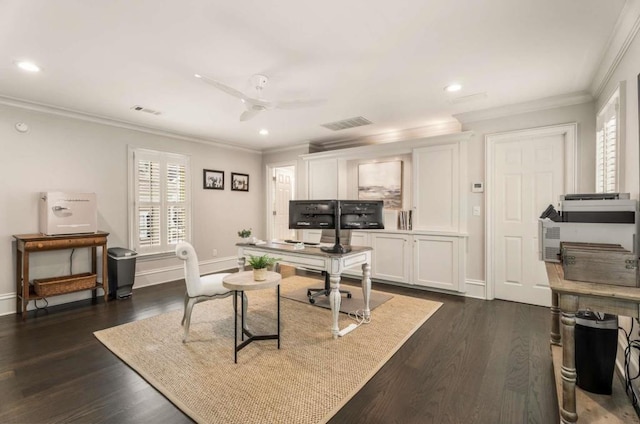 office featuring crown molding, ceiling fan, and dark hardwood / wood-style flooring