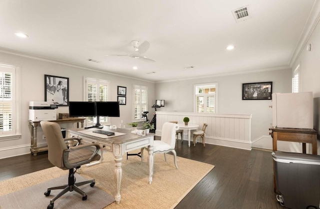 office space with crown molding, dark hardwood / wood-style floors, and ceiling fan