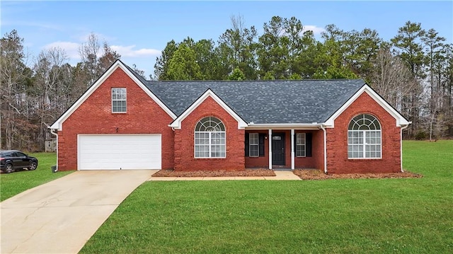 ranch-style house with a garage and a front lawn