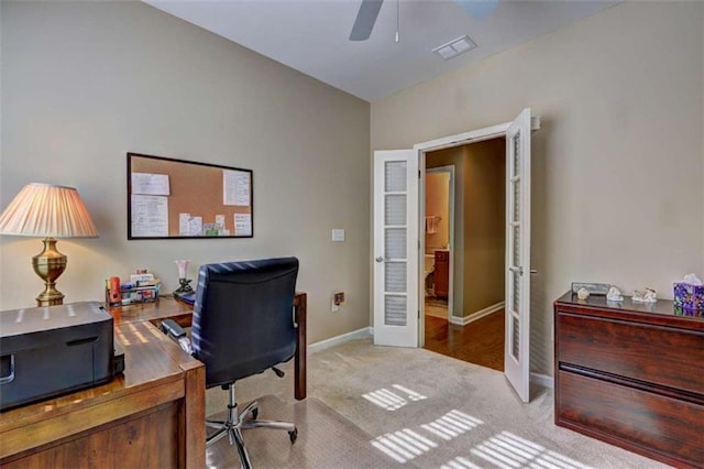 802 Dusky Sap Ct, Griffin, GA 30223 - home office featuring ceiling fan, carpet floors, and french doors