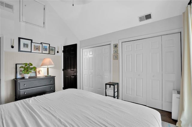 770 Barnett St NE, Atlanta, GA 30306 - bedroom with two closets, lofted ceiling, and wood finished floors
