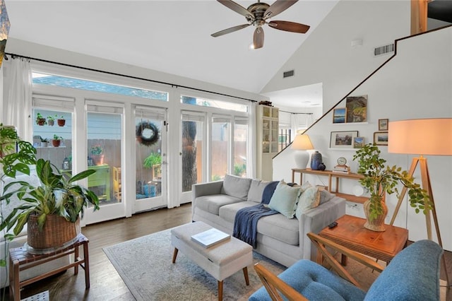 770 Barnett St NE, Atlanta, GA 30306 - living room with a ceiling fan, high vaulted ceiling, and wood finished floors