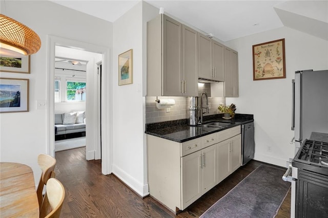 770 Barnett St NE, Atlanta, GA 30306 - kitchen featuring stainless steel appliances, dark wood-type flooring, tasteful backsplash, dark stone counters, and lofted ceiling
