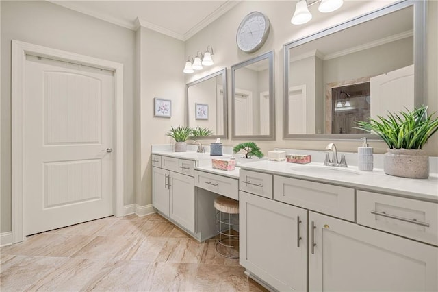 full bath with baseboards, vanity, and crown molding