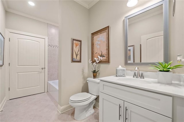 full bathroom featuring vanity, toilet, baseboards, and ornamental molding