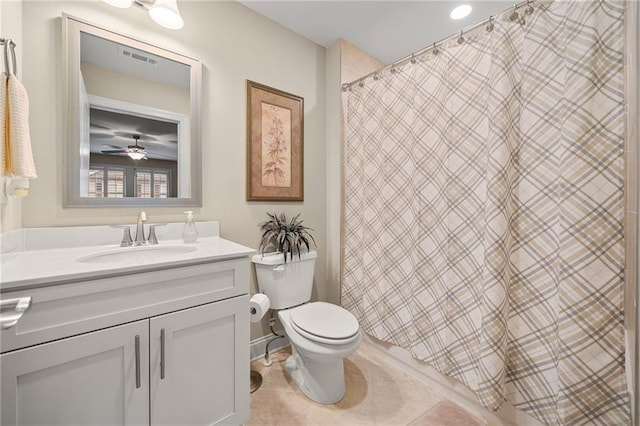 bathroom featuring visible vents, curtained shower, toilet, tile patterned floors, and vanity