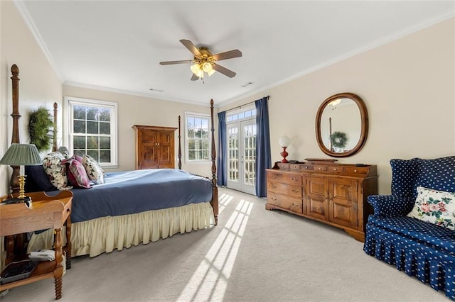 bedroom with access to outside, ceiling fan, light carpet, and ornamental molding