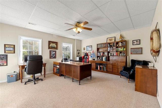 carpeted office space with a paneled ceiling and ceiling fan