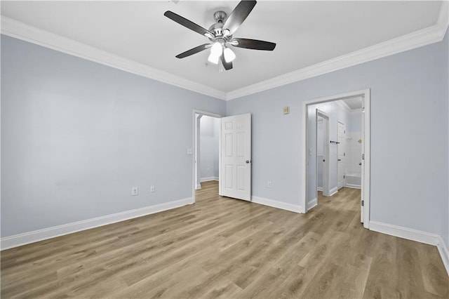 unfurnished bedroom featuring ornamental molding, ceiling fan, ensuite bathroom, and light hardwood / wood-style flooring