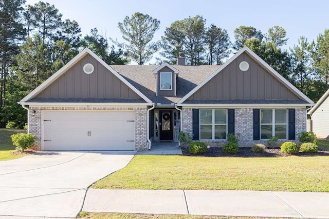 craftsman inspired home featuring a shingled roof, a garage, a front yard, driveway, and board and batten siding