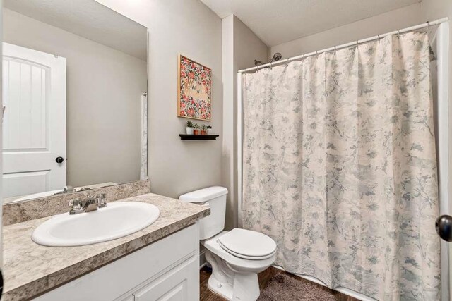 full bathroom with toilet, vanity, and a shower with curtain