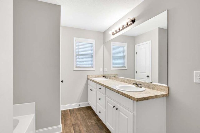 bathroom featuring wood finished floors, baseboards, double vanity, and a bath