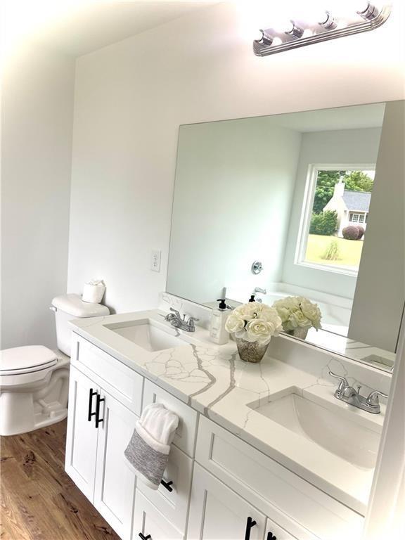bathroom featuring hardwood / wood-style floors, vanity, and toilet