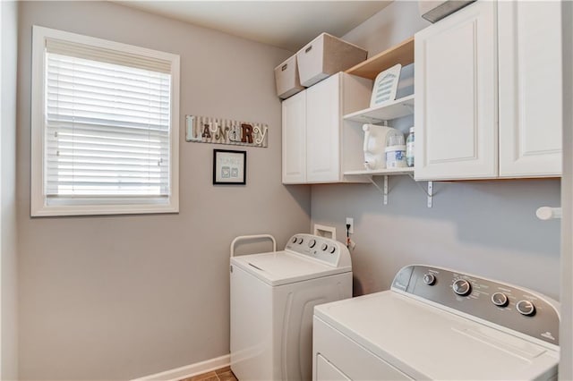 laundry room with independent washer and dryer and cabinets