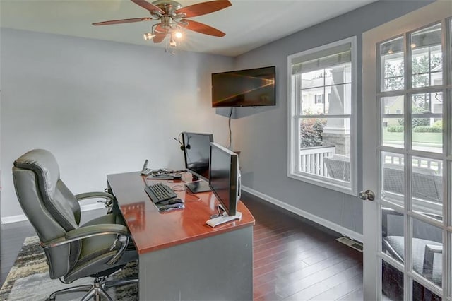 office area featuring ceiling fan and dark hardwood / wood-style floors