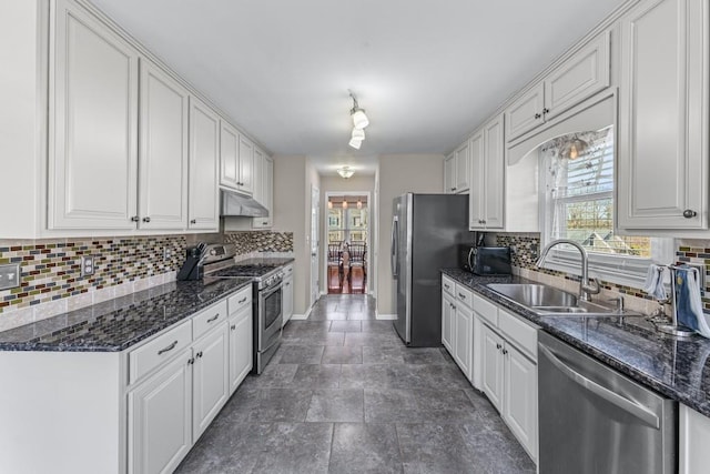 kitchen with under cabinet range hood, stainless steel appliances, a sink, white cabinets, and decorative backsplash