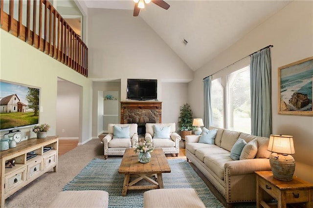 10 Briarcliff Pl, Stockbridge, GA 30281 - carpeted living room with ceiling fan and high vaulted ceiling