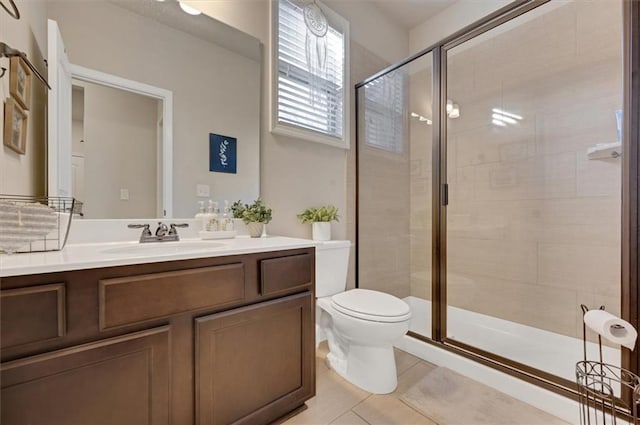 bathroom with toilet, tile patterned flooring, an enclosed shower, and vanity