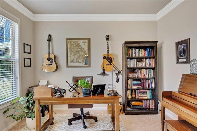 home office with crown molding and light colored carpet