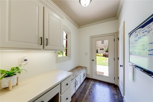 5925 Boulder Bluff Dr, Cumming, GA 30040 - dining space with dark wood-style floors, baseboards, an inviting chandelier, and ornamental molding