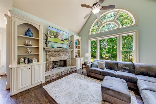 5925 Boulder Bluff Dr, Cumming, GA 30040 - living room featuring recessed lighting, dark wood finished floors, ceiling fan, and high vaulted ceiling