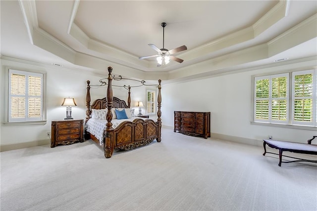 5925 Boulder Bluff Dr, Cumming, GA 30040 - bedroom featuring ceiling fan, visible vents, crown molding, a raised ceiling, and carpet