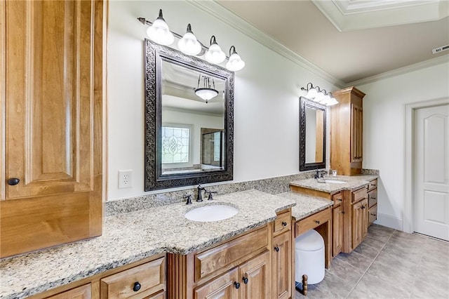 5925 Boulder Bluff Dr, Cumming, GA 30040 - bathroom with visible vents, ornamental molding, a bath, and a stall shower