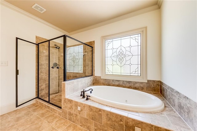 5925 Boulder Bluff Dr, Cumming, GA 30040 - ensuite bathroom featuring ornamental molding, ensuite bathroom, a shower stall, and a bath