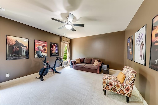 5925 Boulder Bluff Dr, Cumming, GA 30040 - workout area featuring a ceiling fan, visible vents, carpet floors, baseboards, and washer / dryer