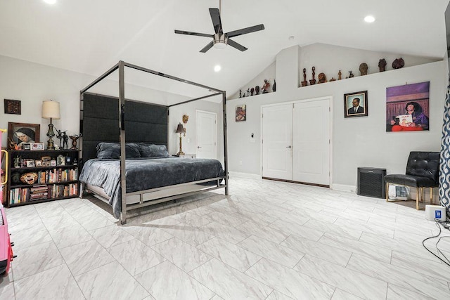 bedroom with recessed lighting, high vaulted ceiling, light marble finish floors, and a ceiling fan