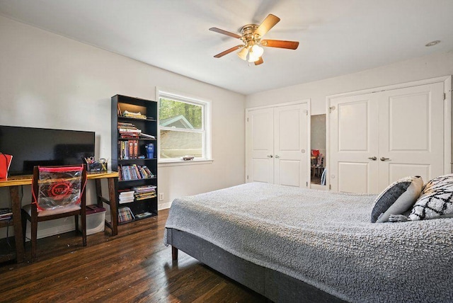 bedroom with two closets, dark wood-style floors, a ceiling fan, and baseboards