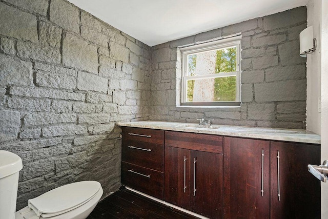 half bath with toilet, vanity, and wood finished floors