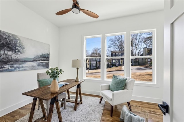 home office featuring wood finished floors, a wealth of natural light, and baseboards